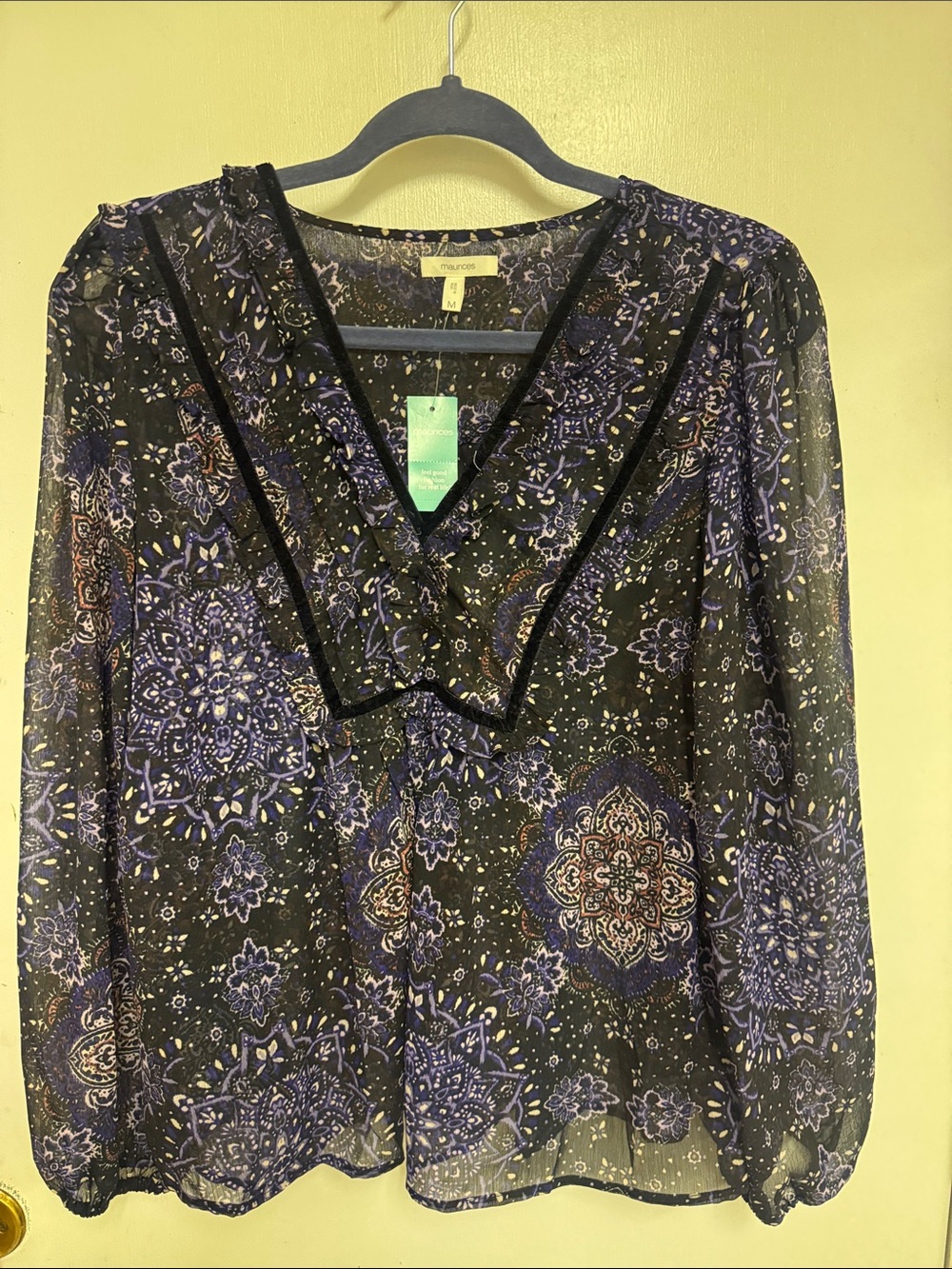 Maurices Black & Purple Paisley V-Neck Sheer Blouse